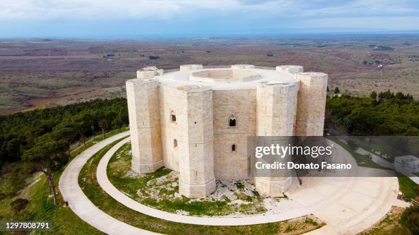 An aerial view of Castel del Monte on January 22, 2021 in Bari, Italy.The castle was built directly on a rocky bank, in some places cropping out, and...