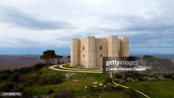 An aerial view of Castel del Monte on January 22, 2021 in Bari, Italy.The castle was built directly on a rocky bank, in some places cropping out, and...