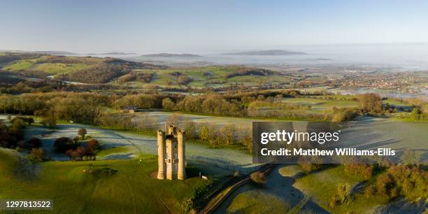 Aerial view, Broadway Tower, Cotswold Hills, Cotswald, UK.