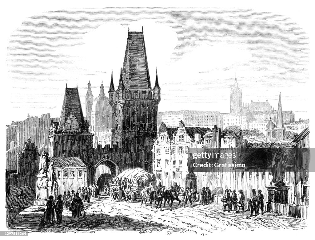 Lesser Town Bridge Towers Prague drawing 1854