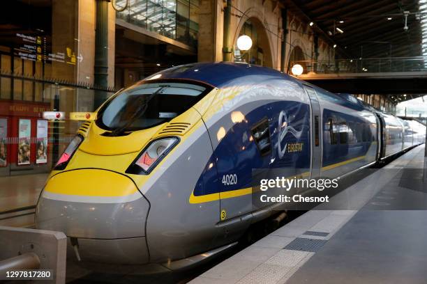 An Eurostar train stands at the platform at Gare du Nord train station during the coronavirus outbreak on January 22, 2021 in Paris, France. The...