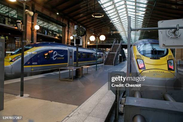 Eurostar trains are at the platform at Gare du Nord train station during the coronavirus outbreak on January 22, 2021 in Paris, France. The French...