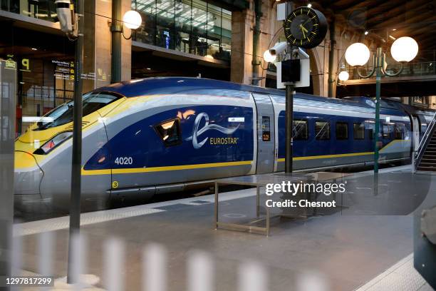 An Eurostar train stands at the platform at Gare du Nord train station during the coronavirus outbreak on January 22, 2021 in Paris, France. The...