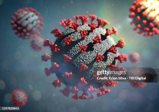 macro view of a group of coronavirus viruses - germs stockfoto's en -beelden