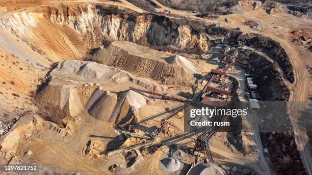 aerial view of crushed stone quarry machine - open pit mine stock pictures, royalty-free photos & images