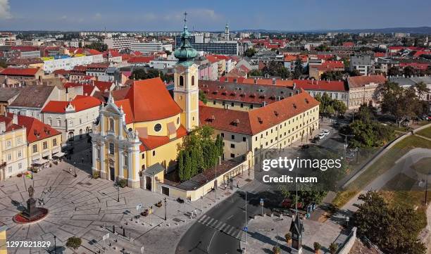 aerial panorama of old town and carmelite church, gyor, hungary. - győr stock pictures, royalty-free photos & images