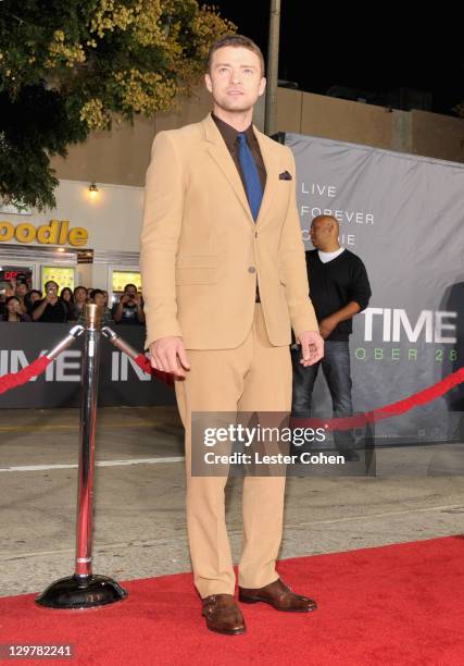 Actor Justin Timberlake arrives at the "In Time" Los Angeles Premiere at Regency Village Theatre on October 20, 2011 in Westwood, California.