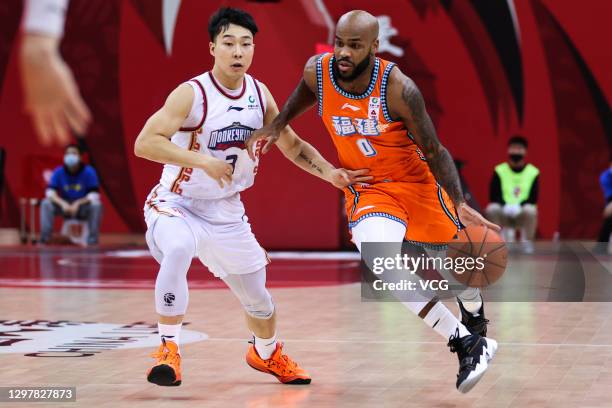 Robert Wilson 'Trae' Golden of Fujian Sturgeons drives the ball during 2020/2021 Chinese Basketball Association League match between Fujian Sturgeons...