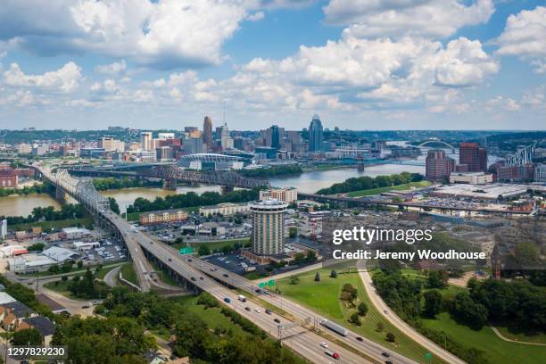 elevated view of the cincinnati skyline from devou park - cincinnati business stock pictures, royalty-free photos & images