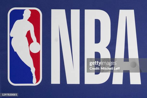 Detailed view of the NBA logo prior to the game between the Boston Celtics and Philadelphia 76ers at the Wells Fargo Center on January 20, 2021 in...