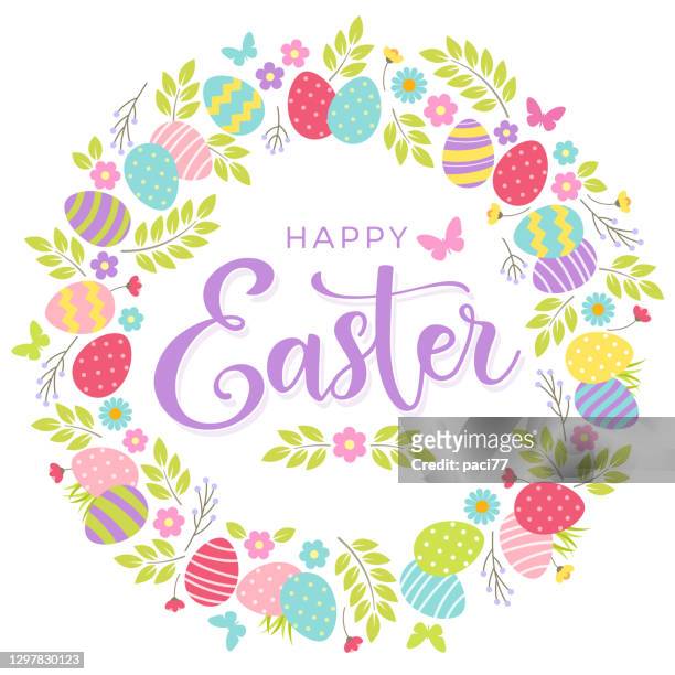 happy easter greeting card with colorful eggs and floral wreath. - easter stock illustrations