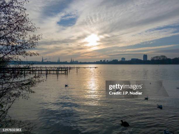 sunset at lake alster in hamburg - alster lake stock pictures, royalty-free photos & images