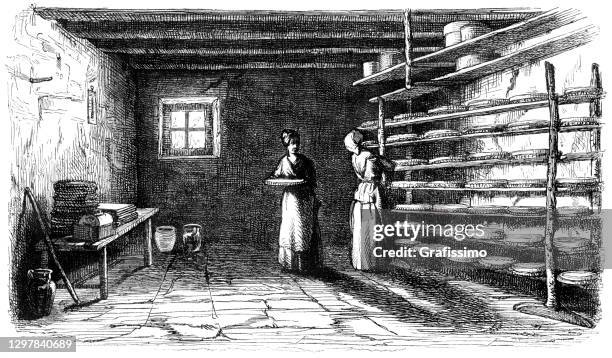 two women working on farm making cheese 1854 - cheese maker stock illustrations