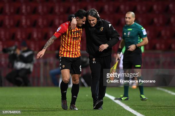 Gianluca Lapadula of Benevento celebrates scoring the 2nd Benevento goal with Filippo Inzaghi, Head coach of Benevento looks on during the Serie A...
