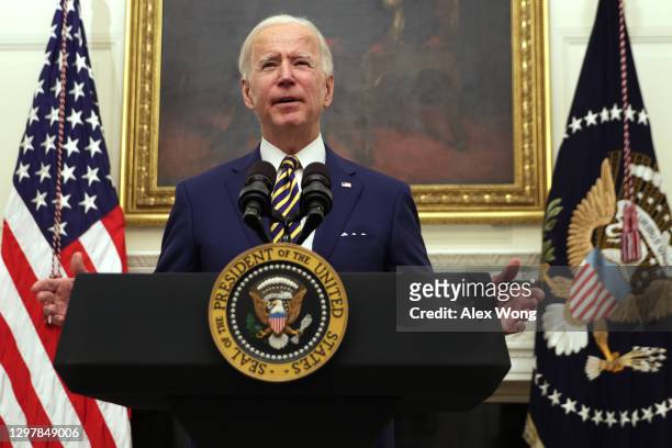 President Joe Biden speaks during an event on economic crisis in the State Dining Room of the White House January 22, 2021 in Washington, DC....