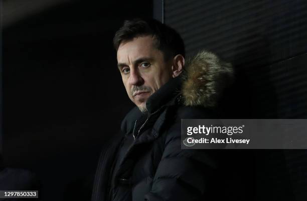 Gary Neville a co-owner of Salford City looks on during the Sky Bet League Two match between Salford City and Harrogate Town at Moor Lane on January...