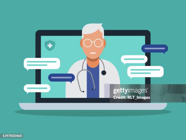ilustrações de stock, clip art, desenhos animados e ícones de illustration of telemedicine doctor visit medical exam on laptop computer - conference call