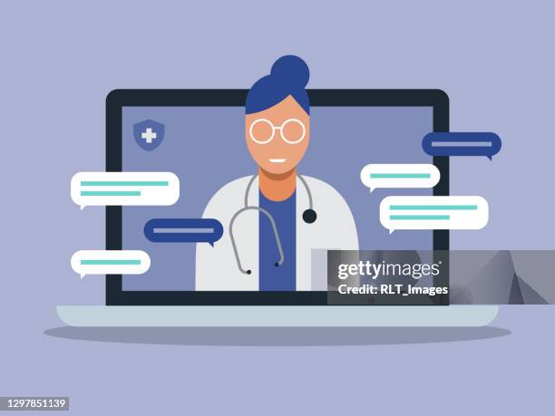 遠隔医療の医師のイラストは、ラップトップコンピュータ上の健康診断を訪問 - 白衣点のイラスト素材／クリップアート素材／マンガ素材／アイコン素材