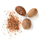 Nutmeg isolated.  Whole and grated, top view.