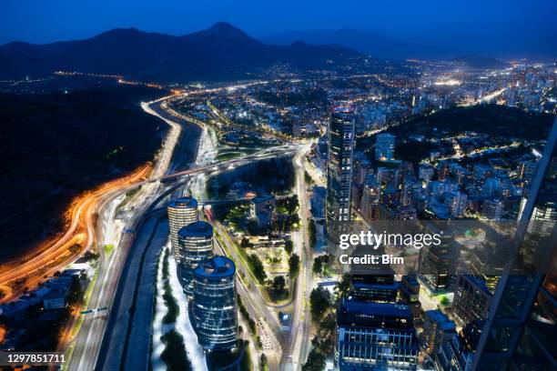 santiago de chile, aerial view at night - chile aerial stock pictures, royalty-free photos & images