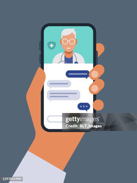 ilustrações de stock, clip art, desenhos animados e ícones de illustration of telemedicine doctor visit medical exam on smart phone - holding phone