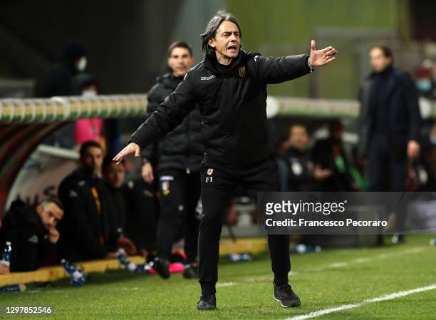 Filippo Inzaghi, Head coach of Benevento reacts during the Serie A match between Benevento Calcio and Torino FC at Stadio Ciro Vigorito on January...