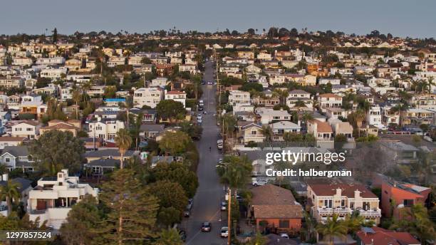 drone shot of residential streets in cardiff-by-the-sea - san diego home stock pictures, royalty-free photos & images