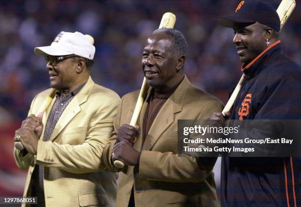 Willie Mays, Hank Aaron and Barry Bonds, three living members of the 600 home run club, were honored at Pac Bell Park in San Francisco, Calif....