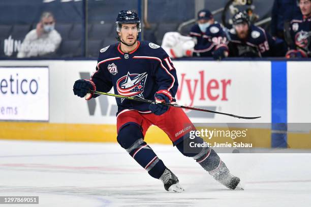 Michael Del Zotto of the Columbus Blue Jackets skates against the Tampa Bay Lightning on January 21, 2021 at Nationwide Arena in Columbus, Ohio.