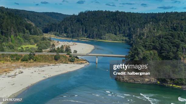 highway 1 crossing big river estuary in mendocino, california - drone shot - mendocino stock pictures, royalty-free photos & images