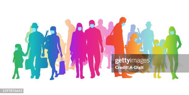 addingdiversityrainbowwithmasks - crowded sidewalk stock illustrations