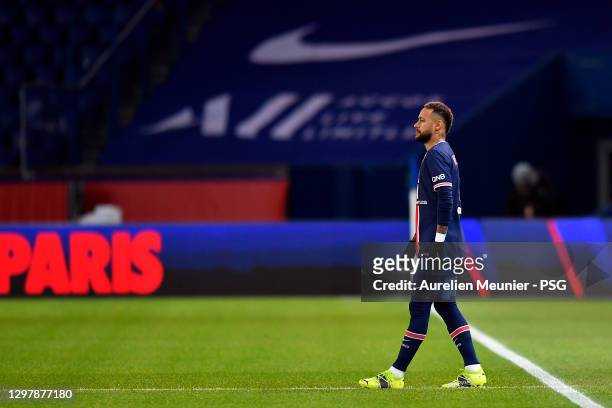 Neymar Jr of Paris Saint-Germain looks on during the Ligue 1 match between Paris Saint-Germain and Montpellier HSC at Parc des Princes on January 22,...