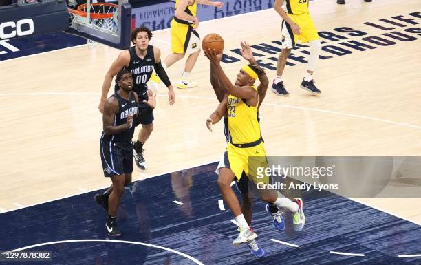 Myles Turner of the Indiana Pacers shoots the ball against the Orlando Magic at Bankers Life Fieldhouse on January 22, 2021 in Indianapolis, Indiana....