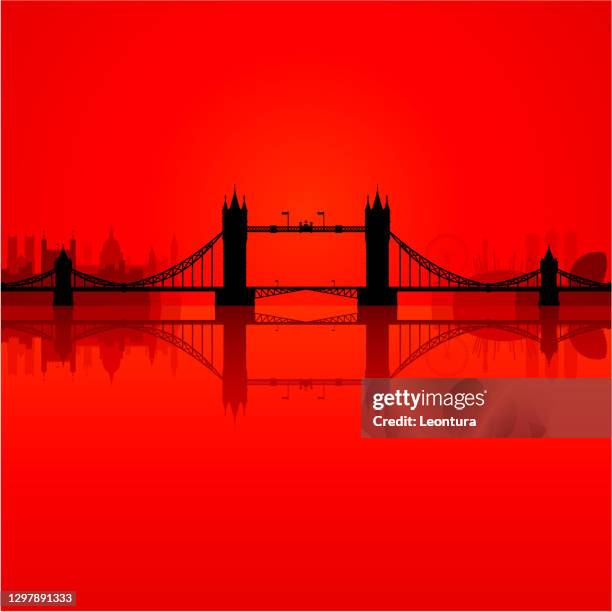 tower bridge, london silhouette (all buildings are moveable and complete) - by the thames stock illustrations