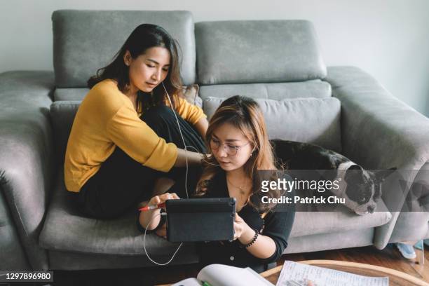 asiatische chinesische schwestern diskutieren mit tisch im wohnzimmer mit hund - friends talking living room stock-fotos und bilder