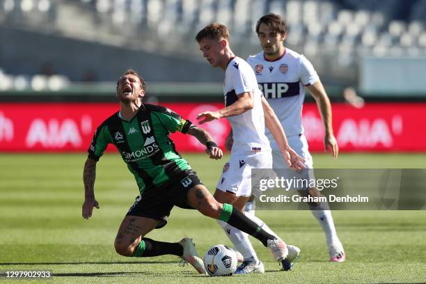 Alessandro Diamanti of Western United is fouled during the A-League match between Western United and the Perth Glory at GMHBA Stadium, on January 23...