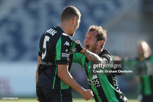 Dylan Pierias of Western United celebrates his second goal with teammate Alessandro Diamanti during the A-League match between Western United and the...