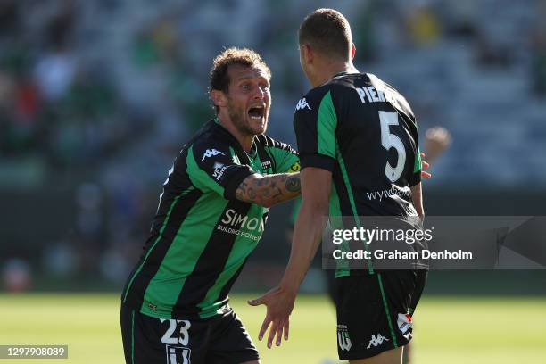 Dylan Pierias of Western United celebrates his second goal with teammate Alessandro Diamanti during the A-League match between Western United and the...