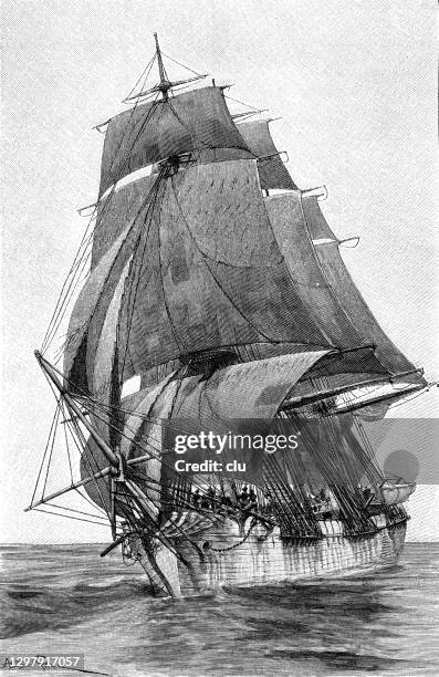 sailing ship under full sail - old ship stock illustrations