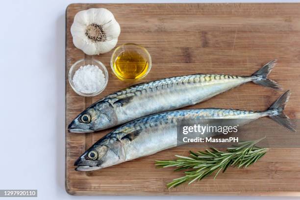 two mackerels on a board with garlic oil salt and rosemary - makreel stock-fotos und bilder