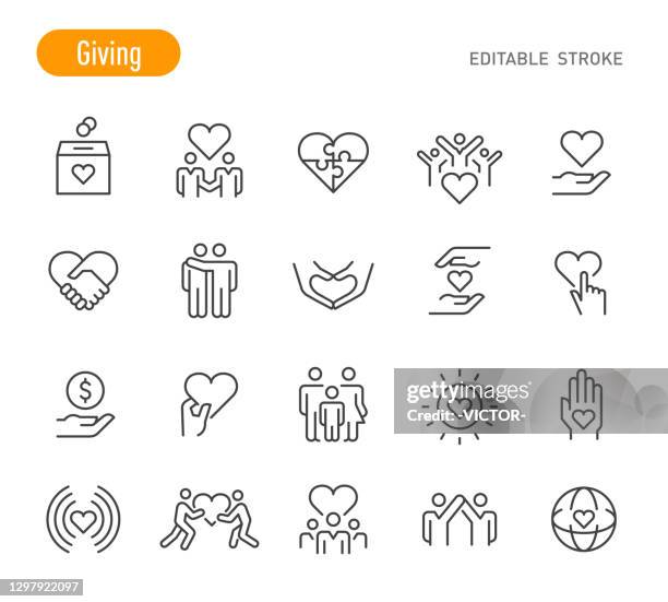 bildbanksillustrationer, clip art samt tecknat material och ikoner med att ge ikoner - linjeserie - redigerbart stroke - välgörenhetsgala