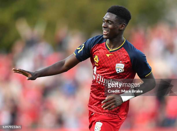 Mohamed Toure of Adelaide United celebrates after scoring his teams first goal during the A-League match between Adelaide United and the Melbourne...