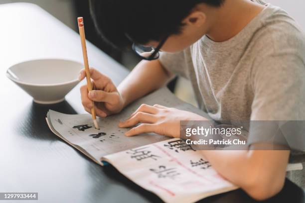 asian chinese teenager practicing chinese calligraphy at home - calligraphy stock pictures, royalty-free photos & images