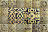 Gold islamic art 3d pattern set. Pattern islamic motif. Ramadan kareem vector. Design ornament ottoman muslim circle. 3D eid background.