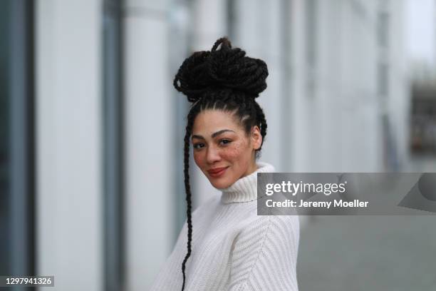 Julia Dalia wearing Samsoe Samsoe beige sweater during the Mercedes-Benz Fashion Week Berlin January 2021 on January 20, 2021 in Berlin, Germany.