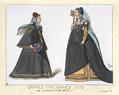 Costumes of Italian ladies of 16th Century, after Hans Weigel, History of Fashion