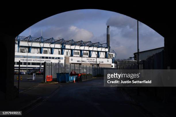 General view outside the stadium prior to The Emirates FA Cup Fourth Round match between Millwall and Bristol City at The Den on January 23, 2021 in...