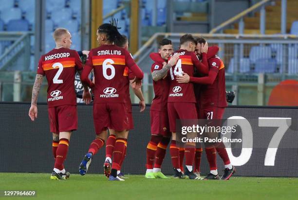 Borja Mayoral of Roma celebrates with teammates Gonzalo Villar and Carles Perez after scoring their team's second goal during the Serie A match...