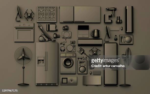 monochrome gadgets and appliances, 3d illustration - monochroom stockfoto's en -beelden