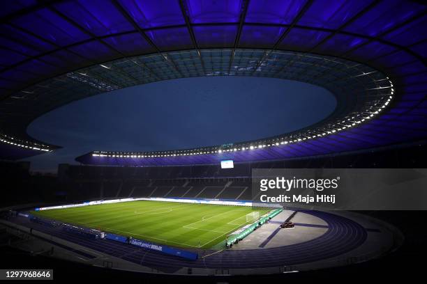 General view inside the stadium prior to the Bundesliga match between Hertha BSC and SV Werder Bremen at Olympiastadion on January 23, 2021 in...